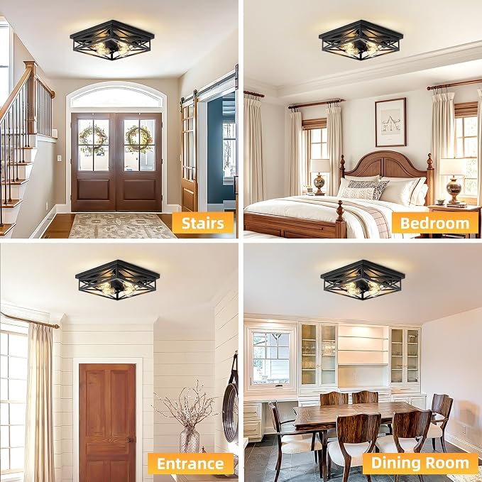 4-Light Flush Mount Ceiling Light Fixture, Kitchen Lights, Black Farmhouse Flush Mount Light Fixture, Metal Cage Closed to Ceiling Mounted Lights for Hallway Entryway E26 Base(1 Pack 13in)