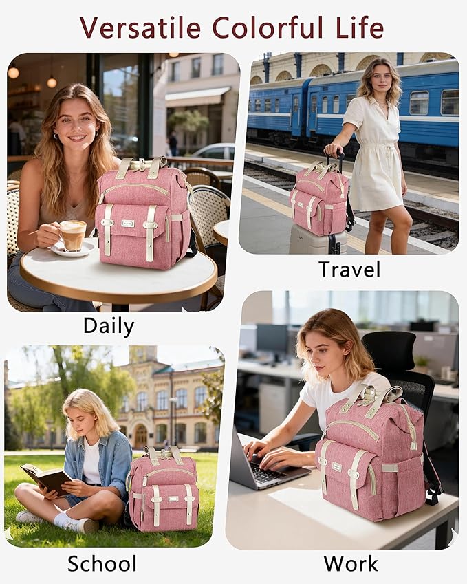 FALANKO Backpack for Women,Wide Open Work Large Student Bookbag for 15.6 Inch Laptop,Doctor Teacher Nurse College School Travel Bag,Water Resistant Laptop Bookbag Computer Back Pack Pink