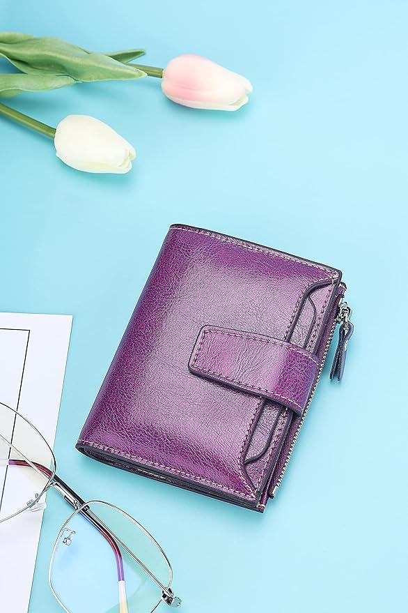 Lavemi Small Compact Women Wallet RFID Blocking Genuine Leather Bifold Purse with ID Windows