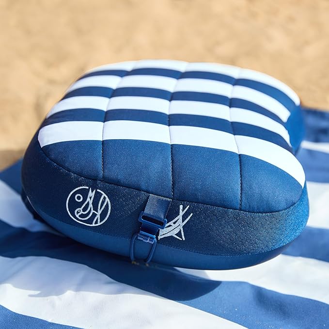 Ballast Beach Pillow – Comfy, Durable & Compact, Stays Put on Windy Beaches with Patented Sand Pouch, Inflatable Pillow for Beaches, Pools, Camping, Festivals and Travel (Blue Stripes)