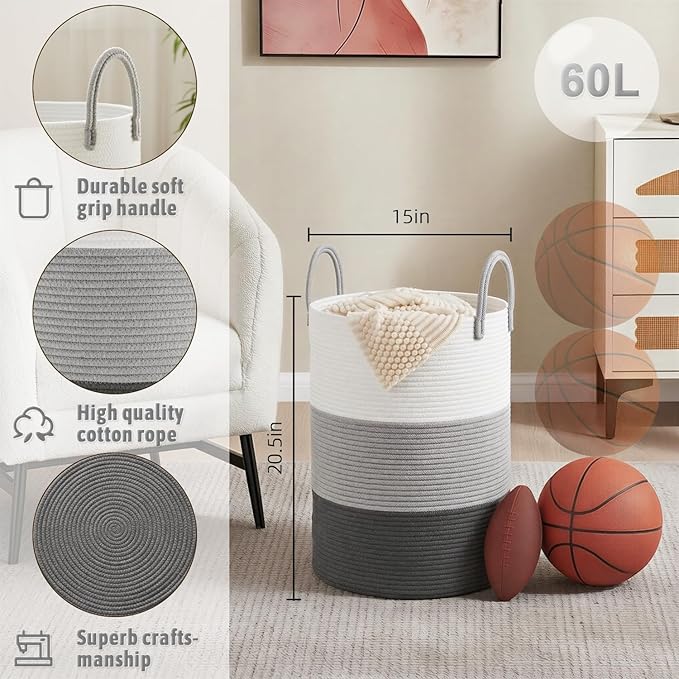 Laundry Basket,Woven Cotton Rope Laundry Hamper,60L for Decorative Storage of Dirty Clothes,Toys and Blankets in Bathroom,Bedroom and Living Room