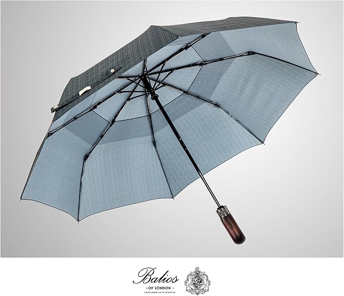 Balios Travel Folding Umbrella with Real Wood Handle Auto Open Close Vented Windproof Canopy - Designed in UK