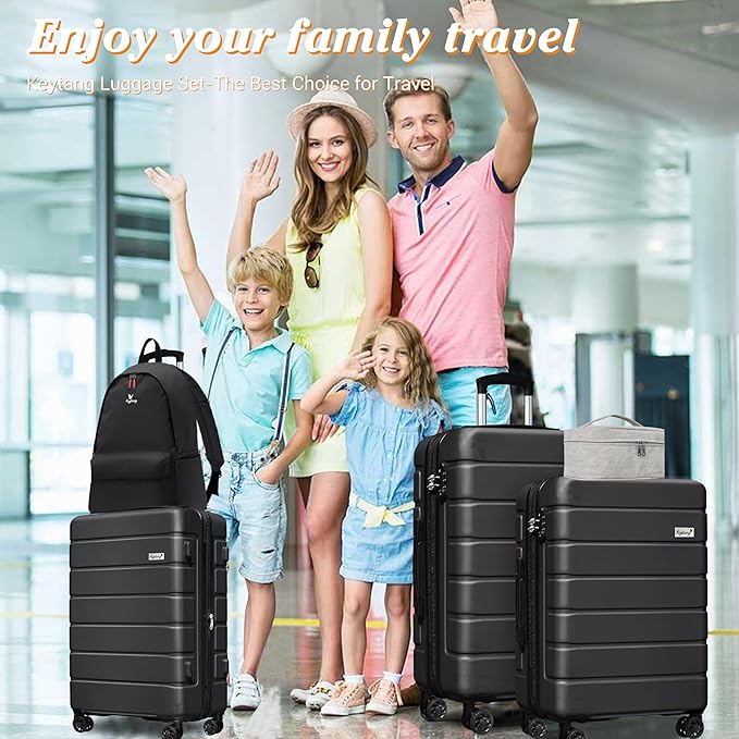 Explorer Luggage Set, Lightweight Hardside Suitcase, Expandable Carry-On Luggage with Travel Backpack & Cosmetic Makeup Bag, 5-Piece Set (20in/24in/28in), Black
