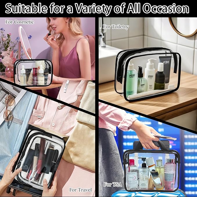 4 Packs Large Clear Comestic Bag, Waterproof Clear Makeup Toiletry Organizer Pouch, Reusable PVC Plastic Storage Bags with Zipper for Travel (4, Black)