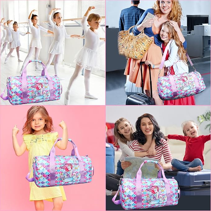 Gym Travel Duffle Bag for Girls - Gymnastics Sports Dance Bag with Shoe Compartment & Wet Pocket Mermaid Kids Travel Bag Teens Weekender Sleepover Carry On Bag