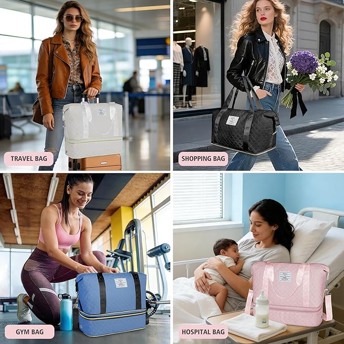 Geestock Travel Duffel Bag, Weekender Bags for Women, Carry on Overnight Bag with Shoe Compartment & Trolley Sleeve, Personal Item Travel Bags with Storage Pouch for Travel, Yoga, Gym, Hospital, Pink