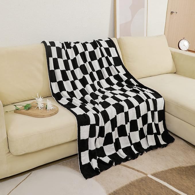 bearberry Fuzzy Checkerboard Grid Throw Blanket Soft Cozy Warm Microfiber All Season Blanket Decor for Couch Sofa Bed Travel Home (Black, 50''x60'')