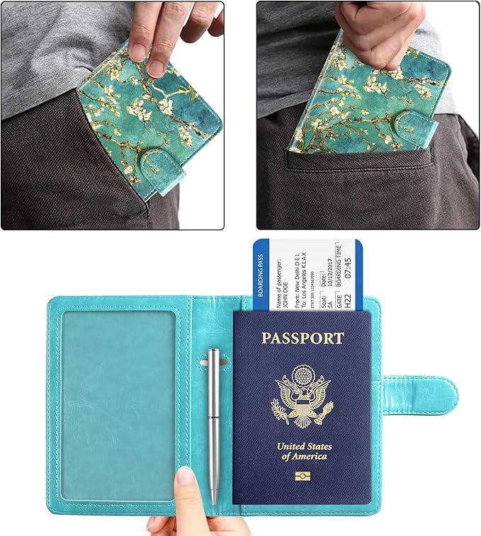 ACdream Passport and Vaccine Card Holder Combo, Cover Case with CDC Vaccination Card Slot, Leather Travel Documents Organizer Protector, with RFID Blocking, for Women and Men, Almond Blossom