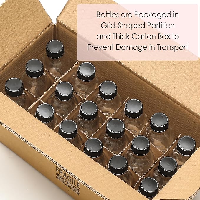 18 Pack, 2 oz Small Clear Glass Bottles w/ Lid & 4 Stainless Steel Funnels - 60ml Boston Sample Bottles - Mini Travel Essential or Decorative Bottles for Potion, Juice, Wellness, Ginger Shots, Whiskey