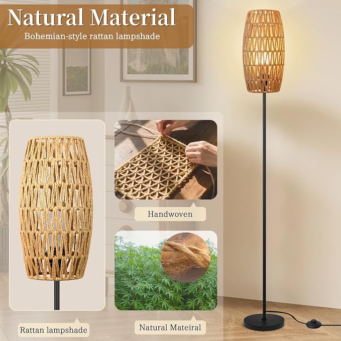 Ruiever Floor Lamp for Living Room,Farmhouse Floor lamp,Modern Standing lamp with Hand-Worked Rattan Shade (Drum Rattan Shade Black Body Color-3 Color Bulb)