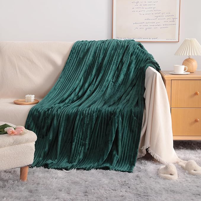 NTBAY Plush Flannel Twin Bed Blanket, 60X80 Inches Soft and Warm Lightweight Bed Blanket with Striped Texture for Couch Sofa Bed All Seasons, 60"x80", Dark Green