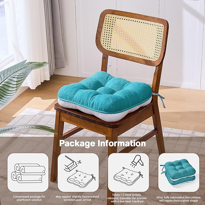 BETU Chair Cushions for Dining Chairs Set of 6,3.5" Thick Kitchen Table Chair Pads with Ties,Non Slip Backing and Covers, Seat Cushion for Dining Room,Bar,Patio Chairs,16"X16"X3.5",Teal