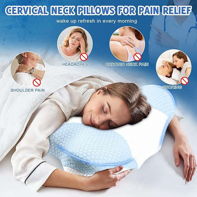 Cervical Neck Pillows with Memory Foam - Neck Pillows for Pain Relief Contour Memory Foam Pillows Ergonomic Neck Support - Adjustable Orthopedic Pillows with Breathable Pillowcase for Sleeping Blue