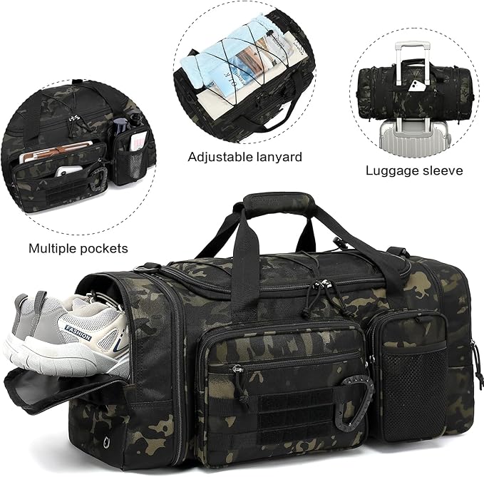 3 in 1 Tactical Gym Bag Backpack for Men 40-45L Expandable Travel Duffle Bag for Women Large Military Sport Duffel Bags Weekend Overnight with Shoe Compartment & Wet Pocket for Fitness, Camo