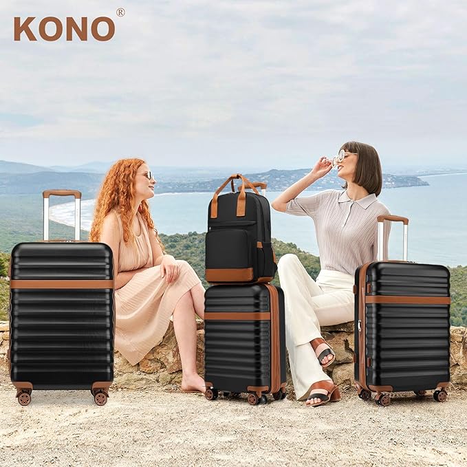 Kono Luggage Set 3 Pieces Expandable PC ABS Durable Suitcase Hardside with Double Spinner Wheels Tsa Lock Black Brown(20in/24in/28in)