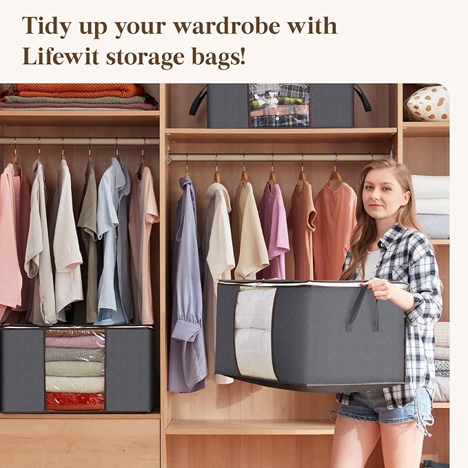 Lifewit 24 Pack 60L Clothes Storage Bins with Lids, Foldable Blanket Storage Bags with Zippers, Clear Window and Reinforced Handles, Closet and Organization for Clothing, Sweater, Comforter, Bedding