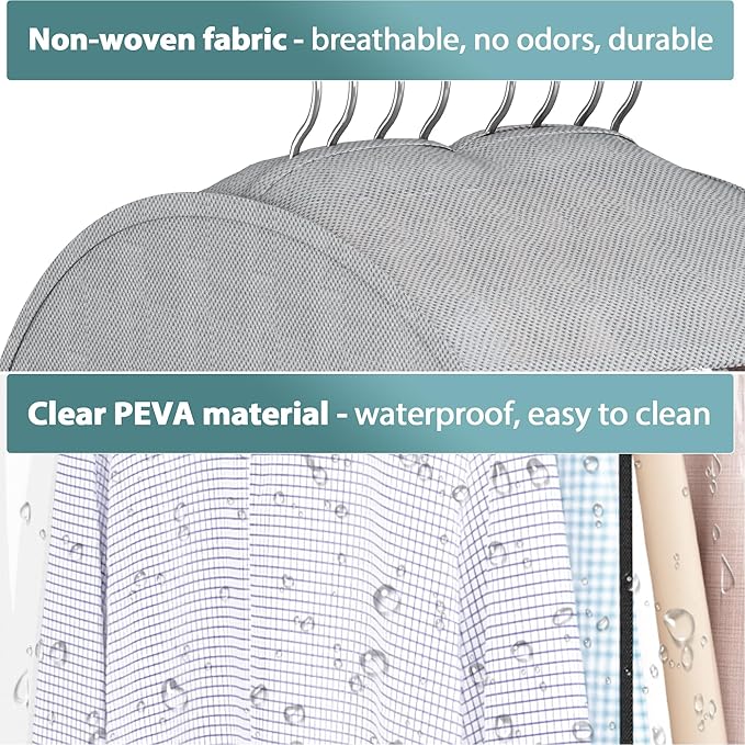 Liuoud 10" Gusseted Garment Bags for Hanging Clothes with clear window, 60" Suit Bags for Open Closet Storage, Clothing Cover for Coat, Dress, Jacket, Shirt, Fur Wardrobe Protector, 4 Packs