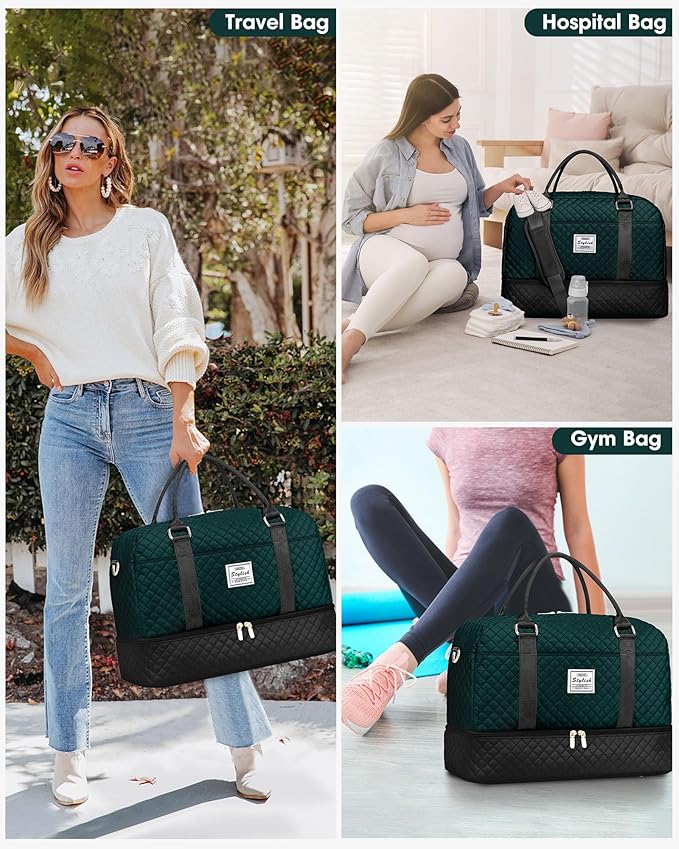 Travel Duffle Bag Weekender Bags: Duffel Bag with Shoe Compartment Carry On Overnight Bag with Wet Pocket Yoga Gym Bags Hospital Bags for Labor and Delivery 3 Pcs Set Black Green