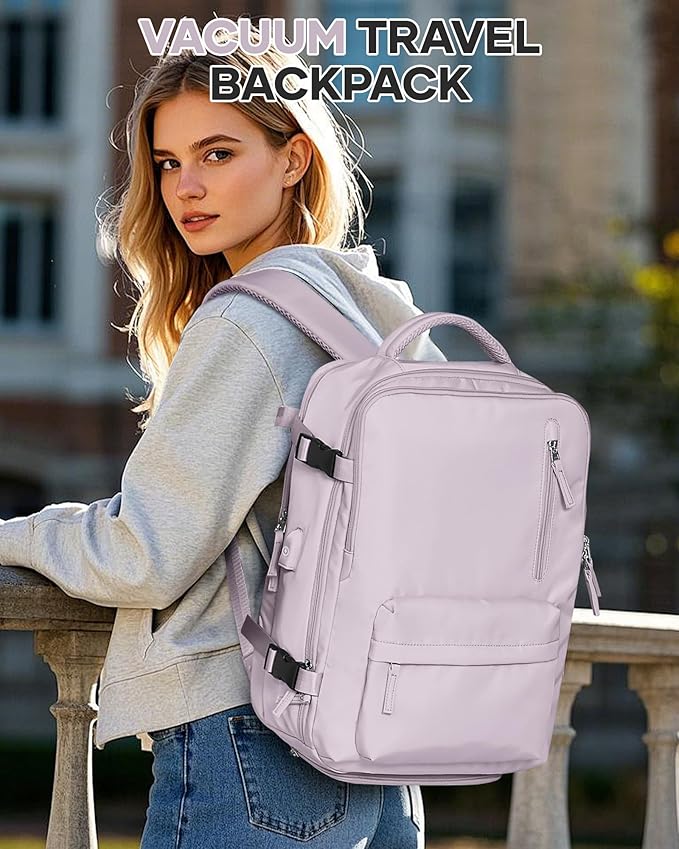 VECAVE Vacuum Travel Backpack with Pump for Women, Personal Item Carry on Backpacks Flight Approved 18x14x8 inches for Men,Laptop Waterproof Work Compression bags Casual Daypack. (Pink)