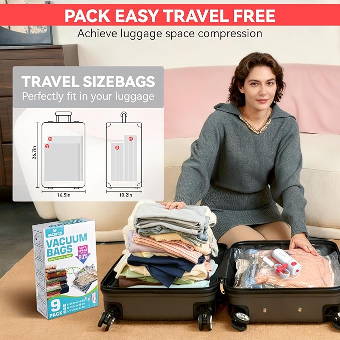 Travel Vacuum Bags with USB and TYPE C Pump Pump,9 Pack Vacuum Storage Bags,vacuum for bags storage, Powerful -58KPa Suction for Luggage,Travel and Home Use for Clothes and Blankets(Red)