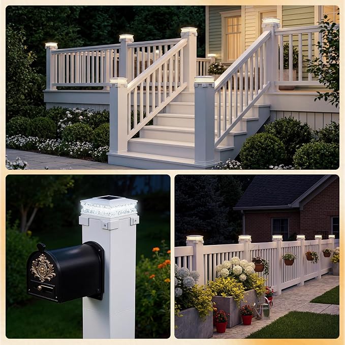 APONUO Solar Post Cap Lights Outdoor, 3 CCT & 2 Brightness Deck Post Lights Solar Powered for 4x4 5x5 6x6 Vinyl Wooden Posts, Waterproof Dusk to Dawn Fence Deck Lights for Patio Garden, White, 6-Pack