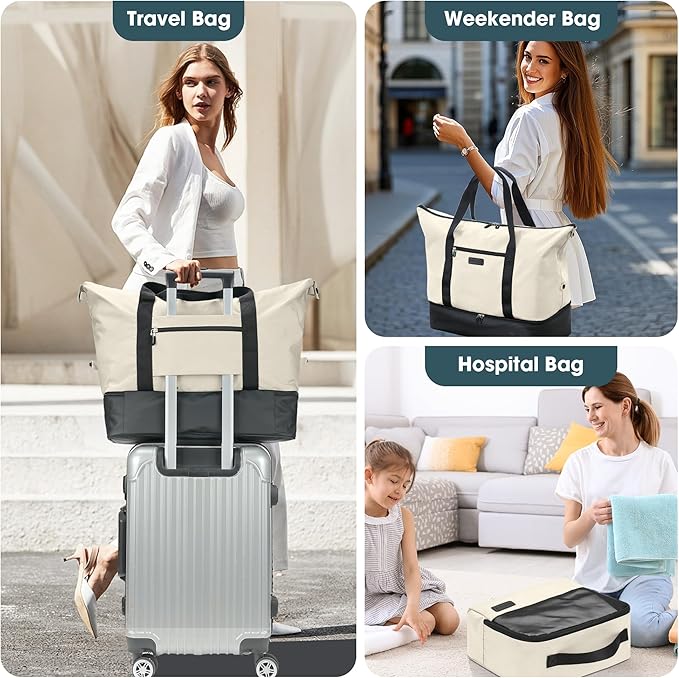 Oeihuivt Weekender Bags for Women - 21 Inch Large Travel Duffel Bag 2-Piece Set with Shoe Compartment, Heavy-Duty Canvas Leather Carry On Overnight Tote