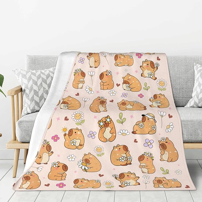 Blanket Gifts for Kids Girls Boys Adults Animals Lovers, Flanne Throw Blanket, Soft Cozy, Warmth, Fluffy Fuzzy Blankets for Couch, Bed, Travel, Living Room, Home, Decor (Daisy Capybara, 60"x50")
