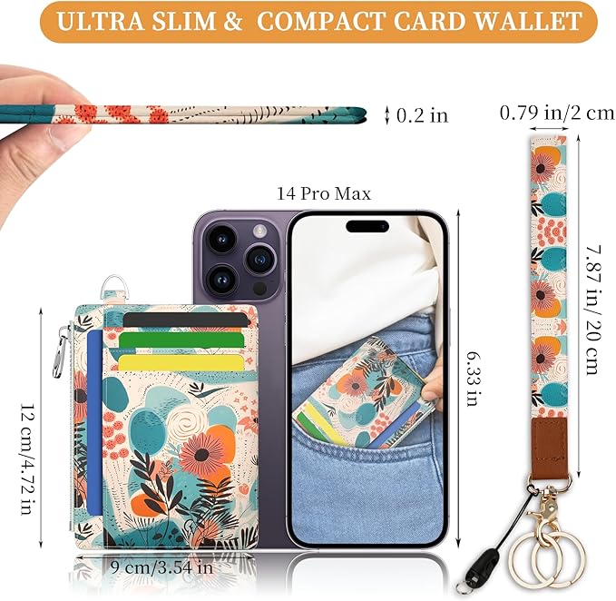 Hancynir Slim Wallet Women Credit Card Holder, Abstract Boho Floral RFID Blocking Front Pocket Wallet Wristlet Keychain Lanyard, Small Cute Thin Travel Zipper Coin PU Leather Card Case Organizer Gifts