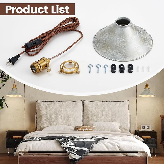 Plug in Pendant Light, 8.2 Inch Silver Pendant Light Fixtures On/Off Switch, Adjustable 13Ft Light Cord Hanging Pendant Light for Kitchen Bedroom Restaurant 2 Pack