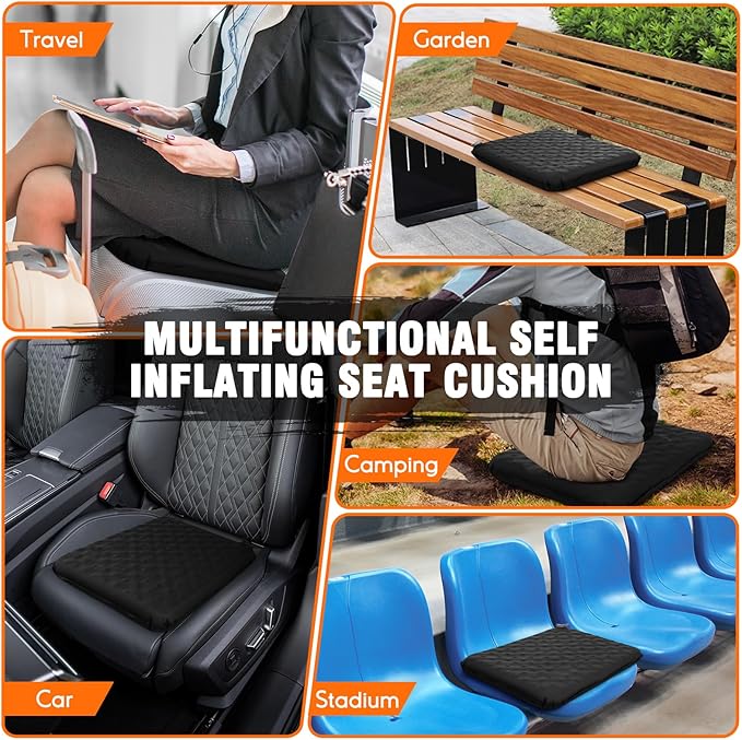 Inflatable Seat Cushion, Self-Inflating Memory Foam Stadium Seats Cushion Lightweight & Compact Chair Sitting Pad Airplane Cushion for Long Flight Travel Outdoor Camping Car Bleachers Office