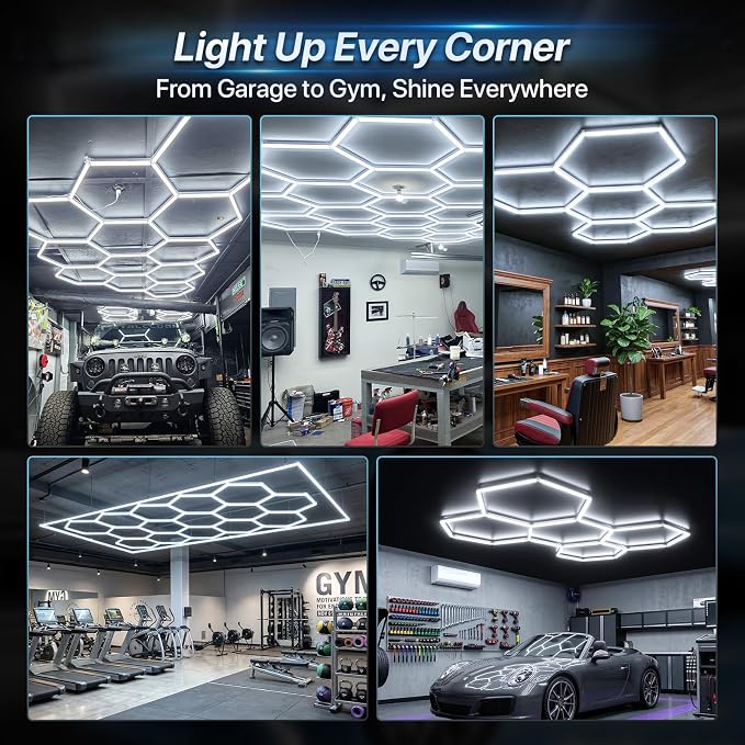 HYPERLITE Gen II Hexagon Garage Lights: 168W 16800LM 5 Grids Hexagon Led Light, 6500K Ultra Bright Honeycomb Hex Lights, Durable Design for Garage, Shop, Basement, Barber, Homegym