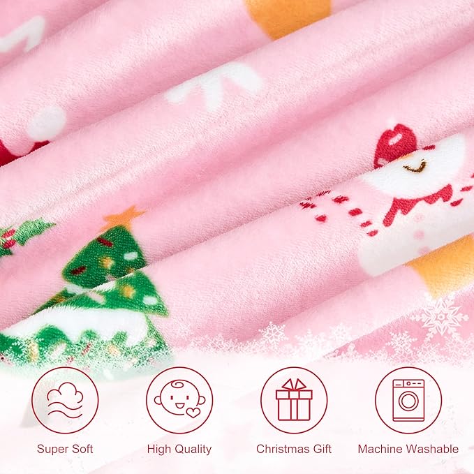 Christmas Blanket Soft Cozy Pink Throws with Snowman Snowflake Santa Claus and Xmas Trees Print, Fuzzy Warm Christmas Throw Blanket for Couch Bed Holiday Decorations Gifts 50"x60" (Pink)