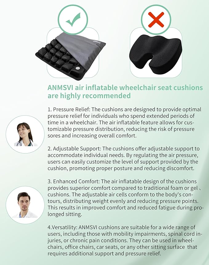 3D Air Inflatable Seat Cushion for Wheelchair & Office Chair - Adjustable Firmness Pad for Sciatica, Tailbone & Lower Back Pain Relief - Breathable, Anti-Slip, Washable Cover (18x16)