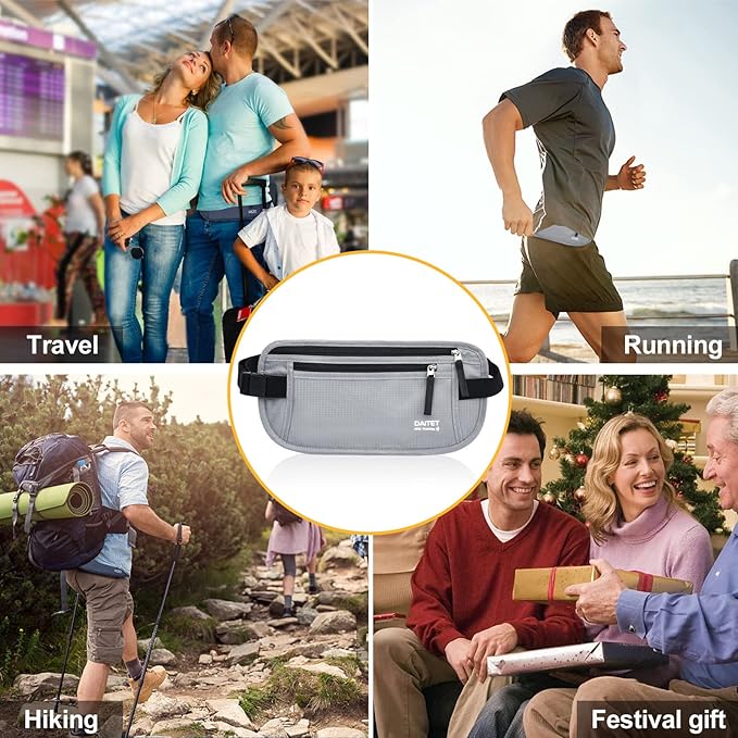 RFID Blocking Money Belt for Men Women, Slim Fanny Pack for Travel,Running,Conceal Waist Wallet for Passport Holder,Phone,Cash(Light Grey)