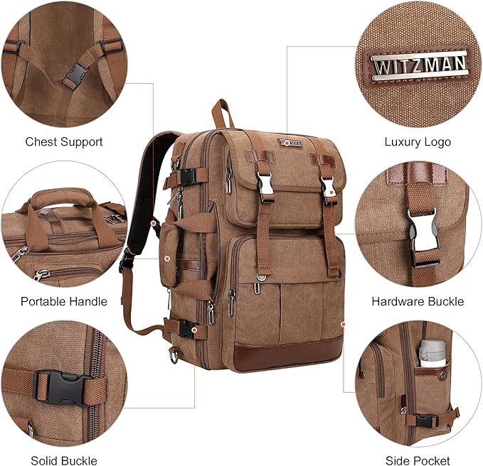 WITZMAN Canvas Travel Backpack for Men Large Laptop Backpack Fit 16 inch Carry-on Airline Approved Convertible Shoulder Rucksack(A6617-3 Brown)