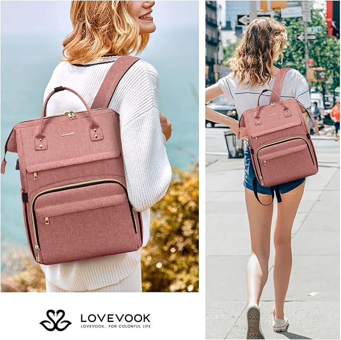LOVEVOOK Laptop Backpack for Women,18 Inch Professional Womens Travel Backpack Purse Computer Laptop Bag Nurse Teacher Backpack,Waterproof College Work Bags Carry on Back Pack with USB Port,Light-pink