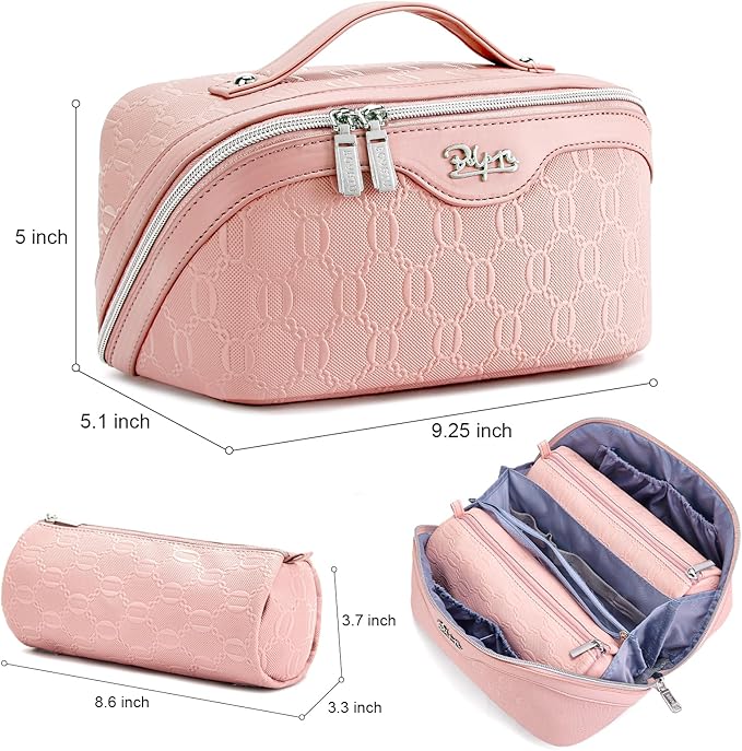 BOYATU Travel Makeup Bag for Women: Cosmetic Organizer Bag with Compartments - Leather Make up Bags Set of 3 (G-3-Pink)