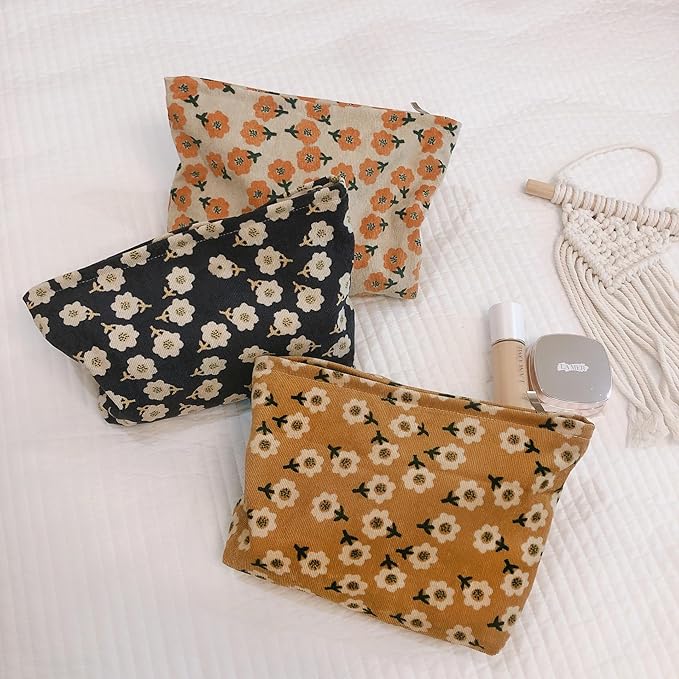 HAPPYHEIDI Women Floral Corduroy Makeup Bag Travel Cosmetic Canvas Pouch Purse Organizer, Cute Beige Flowers
