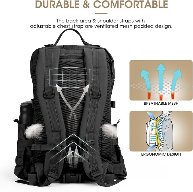 REEWBOW GEAR 40L Military Tactical Backpack For Men 3 Day Survival Heavy Duty Daypack MOLLE Bug Out Bag Hiking Rucksack (Black with Bottle Holder)