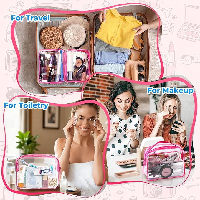6 Pieces Clear Makeup Bags Bulk TSA Approved Toiletry Bag for Travel PVC Waterproof Clear Cosmetic Pouch with Zipper for Men and Women Carry-on Travel Essentials (Rose Red)