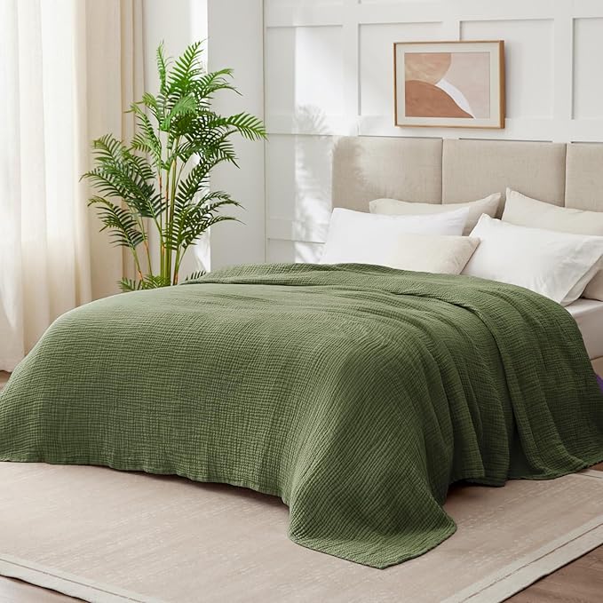 100% Cotton Muslin Blanket Twin 66" x 90", Breathable and Lightweight Twin Blankets for Couch, Soft Cooling Summer Gauze Blanket for Adults All Season, Olive Green