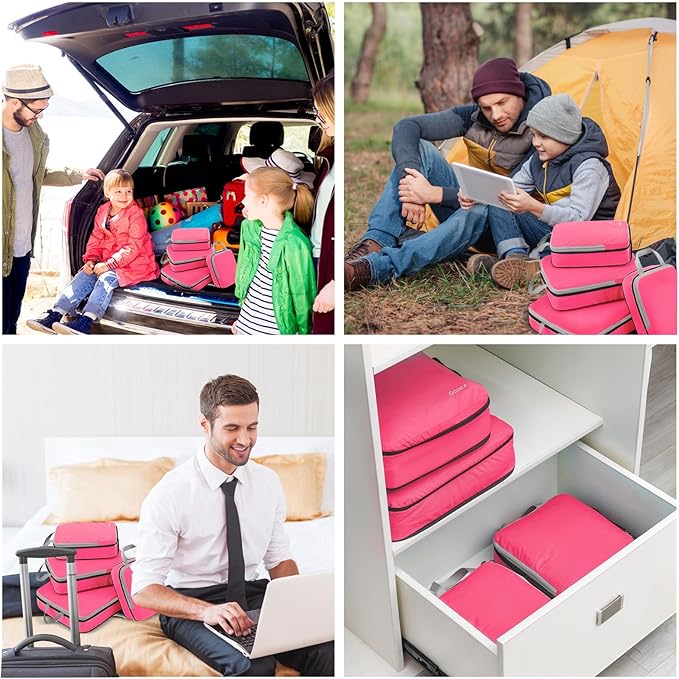 Gonex Compression Packing Cubes, 4pcs Expandable Storage Travel Luggage Bags Organizers (Bright Pink)