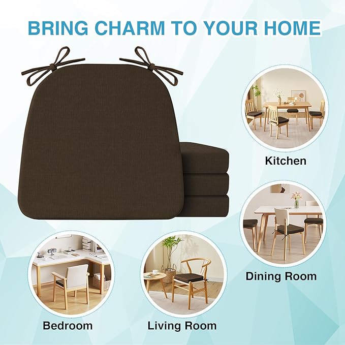 Chair Cushions for Dining Chairs Set of 6, Non Slip Kitchen Chair Pads, 17" x 16" x 2", Indoor Dining Chair Cushions with Ties, D-Shaped Seat Cushions for Kitchen Chairs, Brown