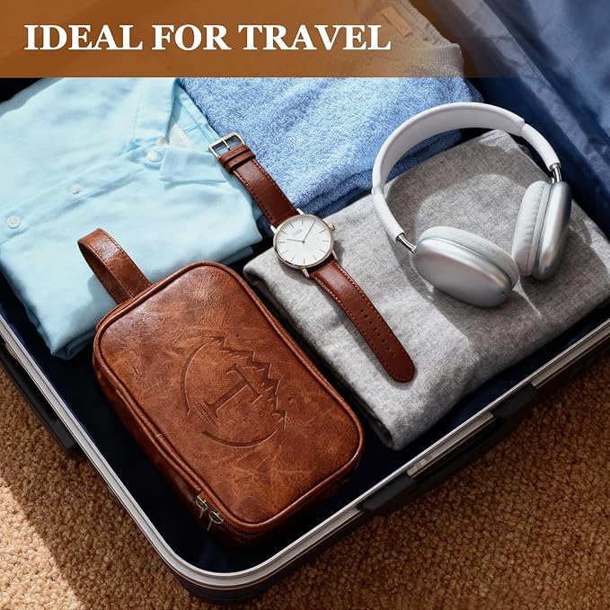 Travel Toiletry Bag for Men,Mens Shaving Bags for Toiletries,Men's Toiletry Travel Bag PU Leather,Personalized Travel Essentials,Birthday Gifts For Men,Brown- T