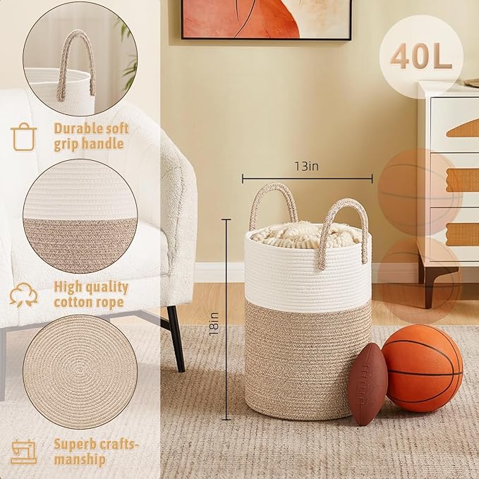 Laundry Basket,Woven Cotton Rope Laundry Hamper,40L for Decorative Storage of Dirty Clothes,Toys and Blankets in Bathroom,Baby Room and Living Room