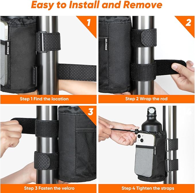 Belinous 2 Pack Bike Water Bottle Holder for 8-24oz Bottles, Roll Bar Cup Holder for UTV Wheelchair Walker Bike Golf Cart Scooter and Boat, Drink Holder with Net Pockets and Velcro Starps