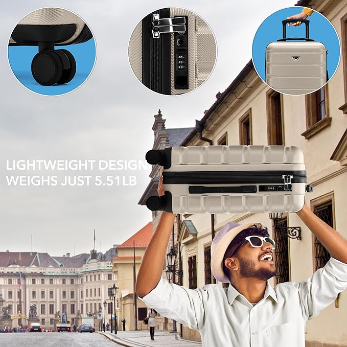 Flight Knight 22x14x9 Expandable Carry On Suitcase Hardside TSA Lock USB C Port Lightweight Luggage Silent Double Spinner Wheels Maximum Overhead Carry-On Bag American United Approved Champagne