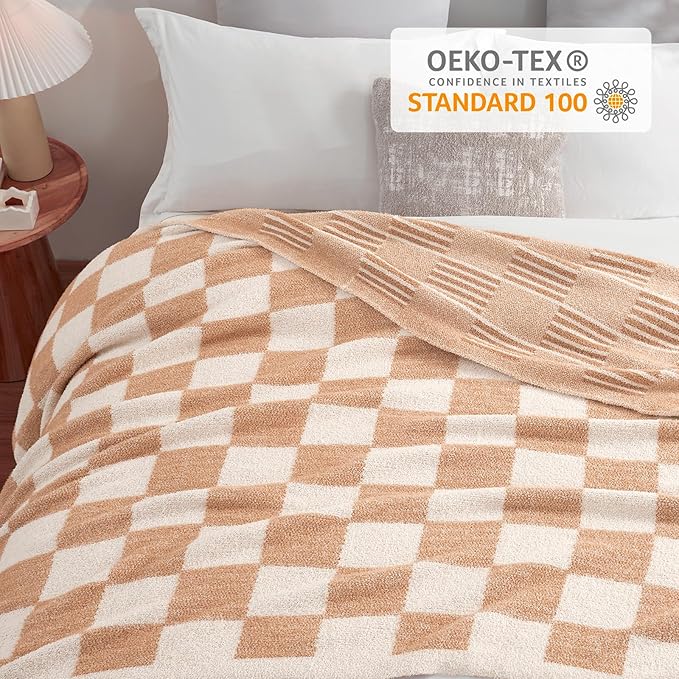 Snuggle Sac Checkered Throw Blanket Faux Fur Microfiber Blankets for Couch,Reversible Soft Cozy Warm Blanket for Sofa Bedroom,Cute Lightweight Striped Throws for Women,Heather Beige,60x80 inches
