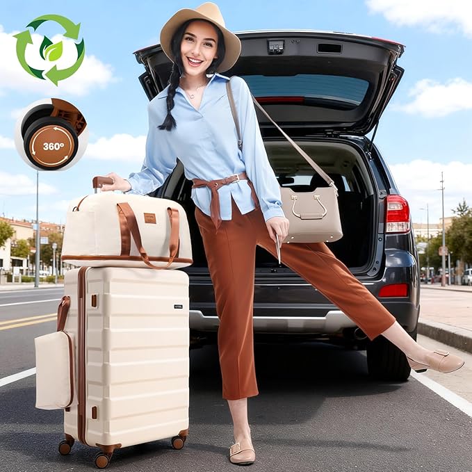 Hoteel Luggage Sets 3 Piece, 4-Year Warranty, Carry-On Luggage with Dual-Spinner Wheels, ABS Hard Shell Suitcase with TSA Locks, 20 Inch Lightweight Luggages for Travel, Beige(20IN/DB/TB)