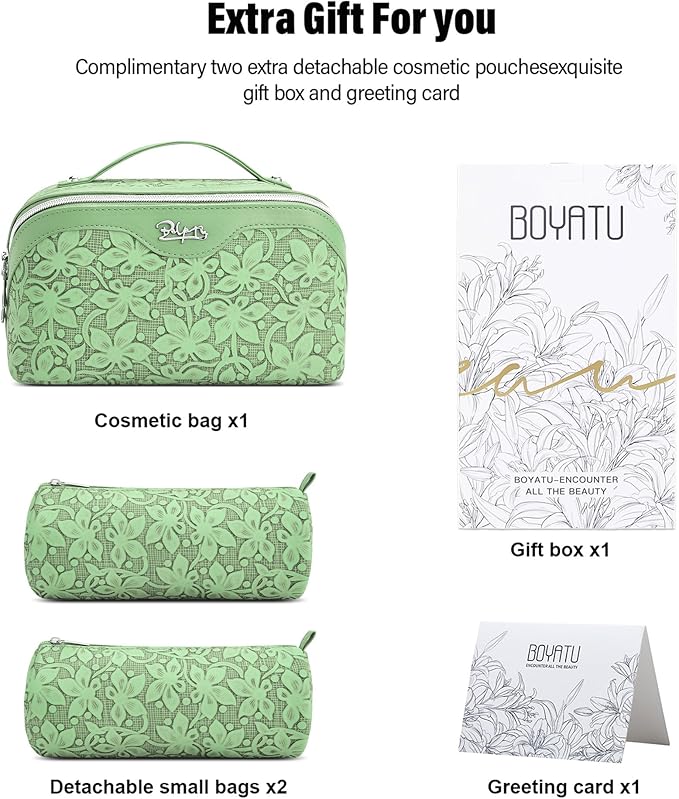 BOYATU Travel Makeup Bag Cosmetic Bags for Women: Large Capacity 3 Pcs Set Make up Bag with Compartments - Waterproof Vegan Leather Toiletry Organizer Bags with Handle (Z-65Light Green)